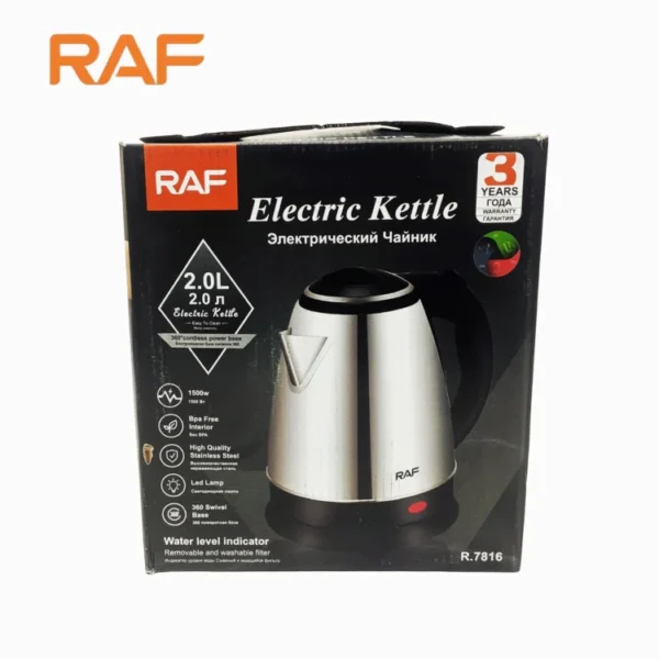 RAF Automatic Electric Kettle 2Liter 7816 – Stainless Steel & Cordless – 1500W - Image 2