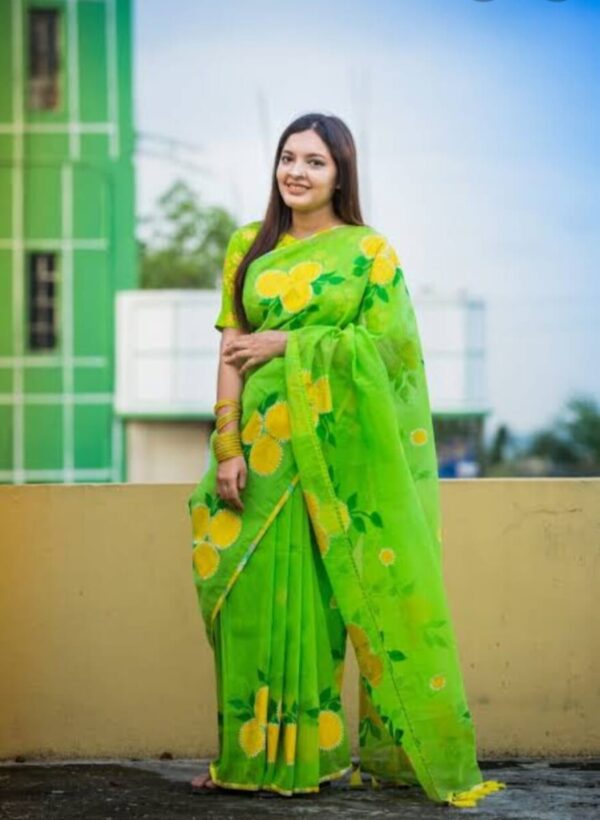 Exquisite Handprinted Tulip Work on Haf-silk Sarees