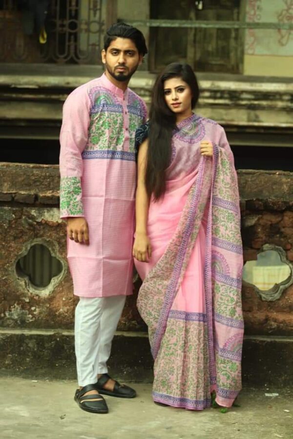 Elegant Dhoopian Silk Saree & Panjabi Couple Dress