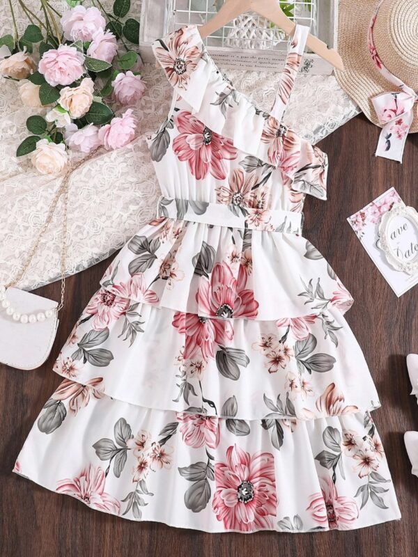 Flower Gown Elegant Floral Fit Dress for Girls with Belt
