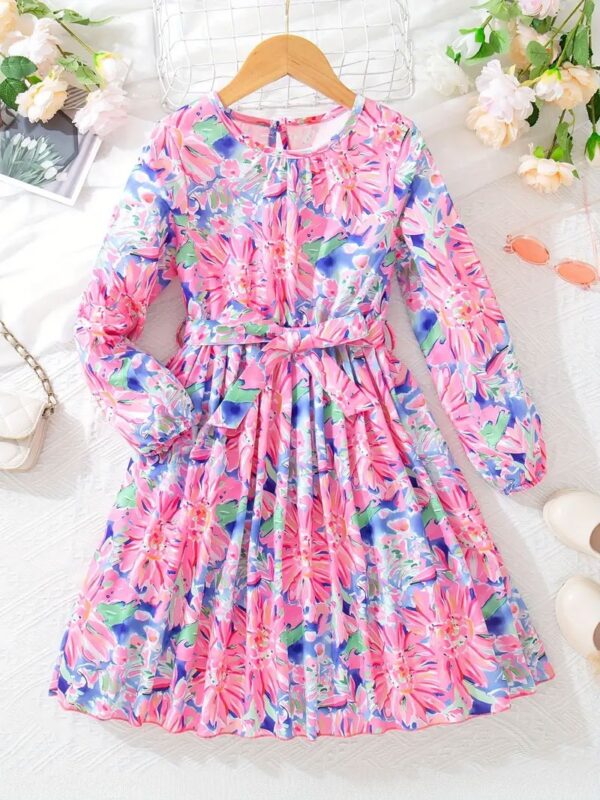 Flower Gown Elegant Floral Fit Dress for Girls with Belt