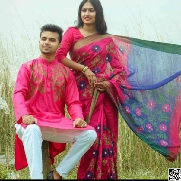 Block Print Designer Dhupian Silk Saree And Dhupiyan Cotton Panjabi Couple set