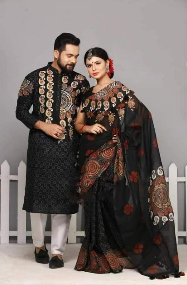 Half silk with block print couple set now