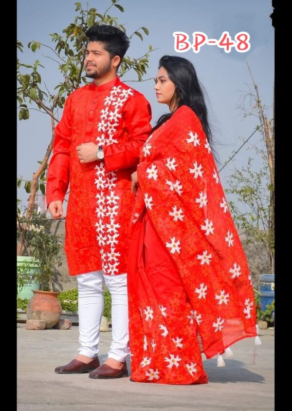 Half silk with block print Saree And Punjabi Couple Set