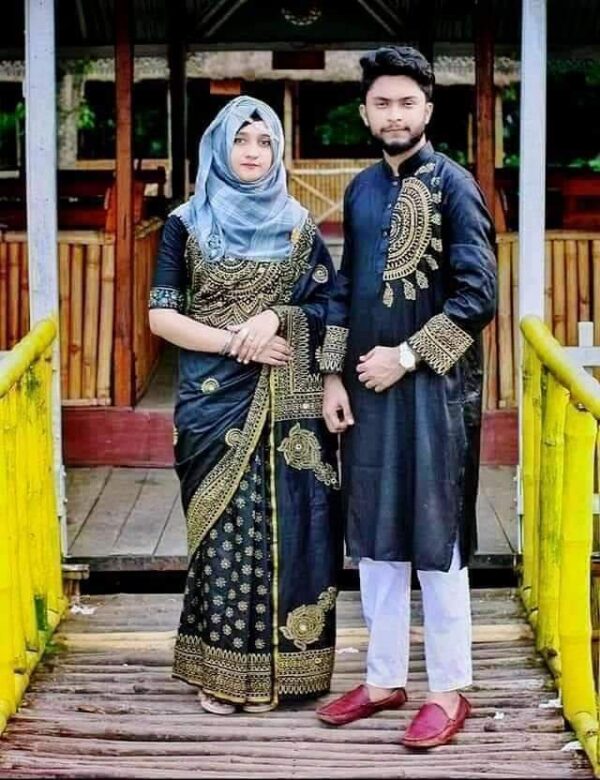 Half silk with block print Saree And Punjabi Couple Set