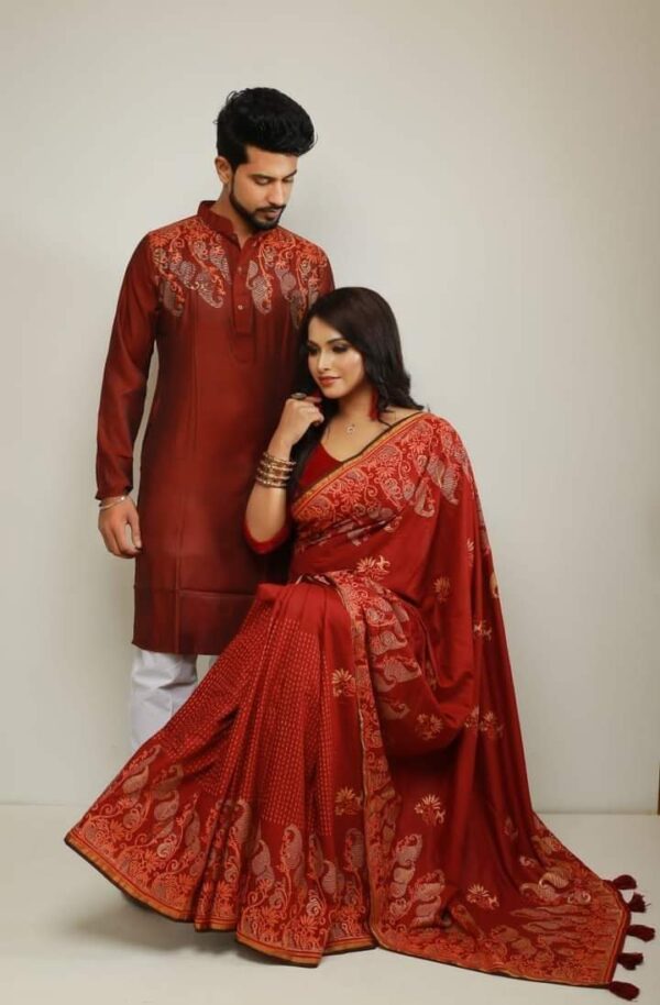 Half silk with block print Saree And Punjabi Couple Set