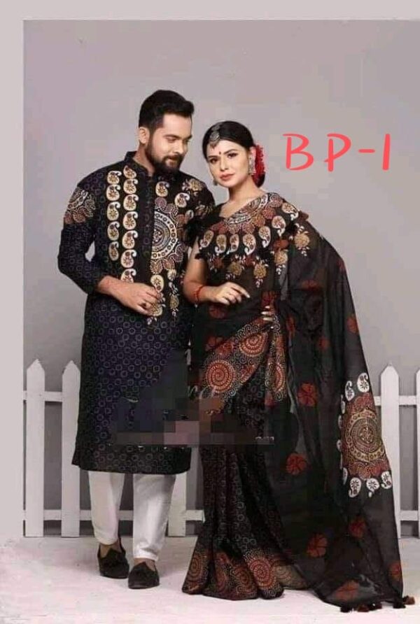 Half silk with block print Saree And Punjabi Couple Set