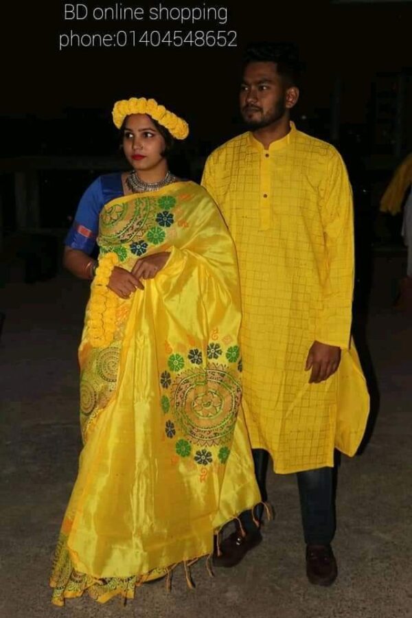 Half silk with block print Saree And Punjabi Couple Set