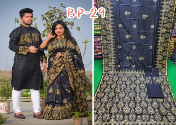 Half silk with block print Saree And Punjabi Couple Set