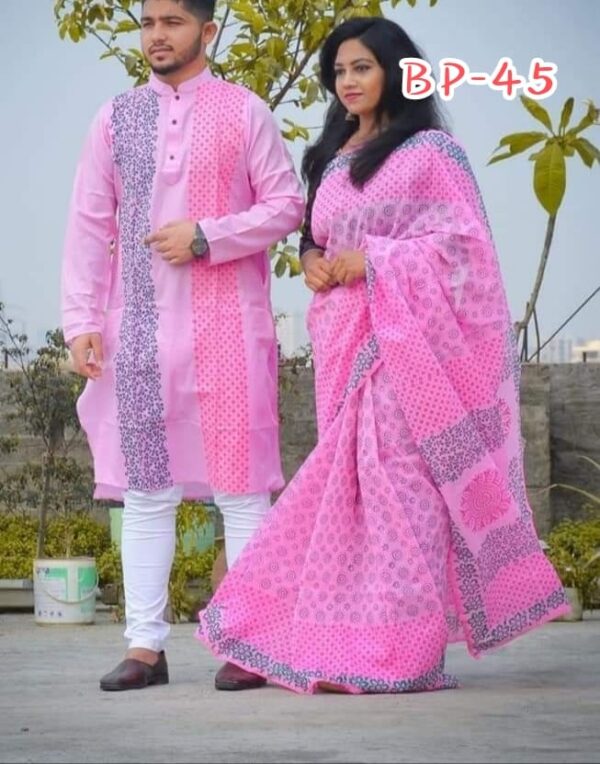 Half silk with block print couple set