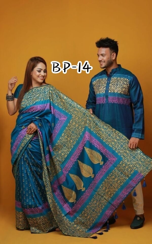 Half silk with block print Saree And Punjabi Couple Set