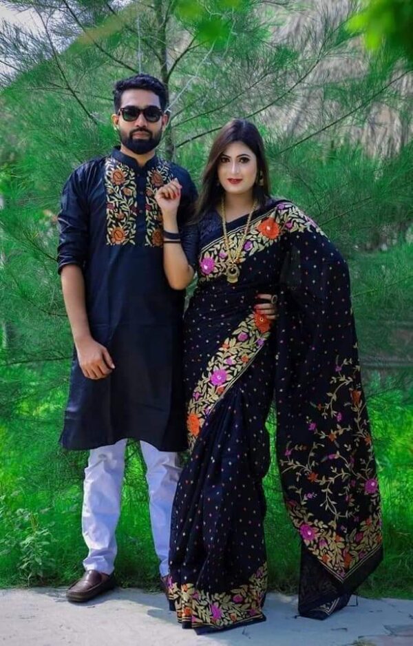 Half silk with block print Saree And Punjabi Couple Set