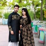 Half silk with block print Saree And Punjabi Couple Set