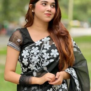 Half silk block print saree